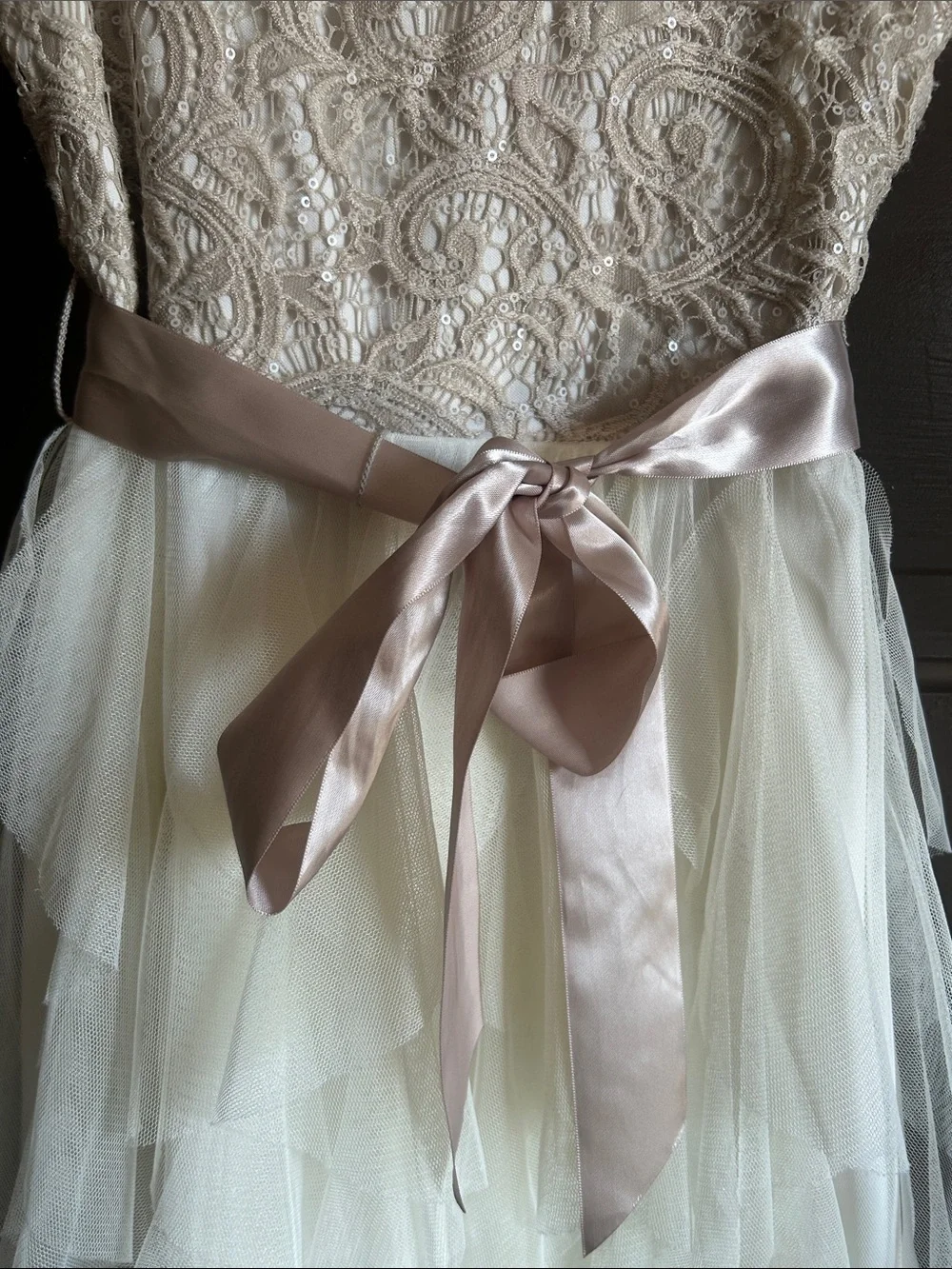Rare Editions Lace Bodice Tulle Party Dress in Cream and Blush; girls 10